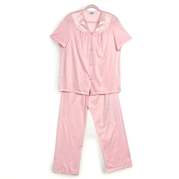 VTG Vanity Fair Pink Nylon Pajama Set Short Sleeve Button Top & Pants WMS SZ L - Picture 1 of 12